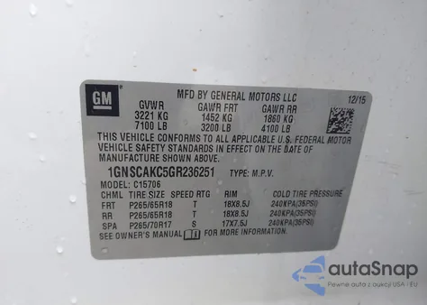 2016 Chevrolet Tahoe Ls z USA, uszkodzony, nr VIN 1GNSCAKC5GR236251